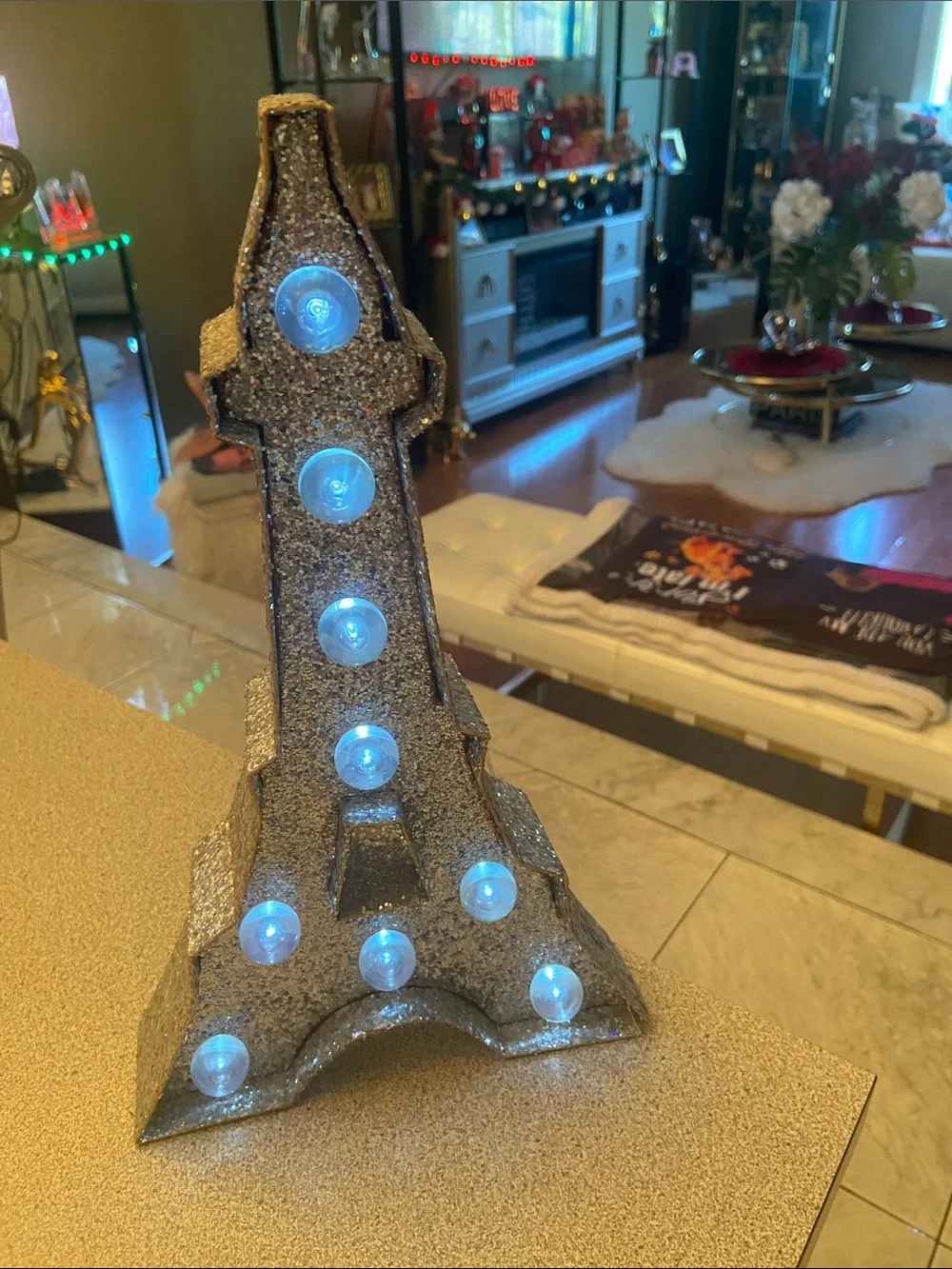 Glitter Eiffel Tower LED Decor - Silver with Blue Lights
